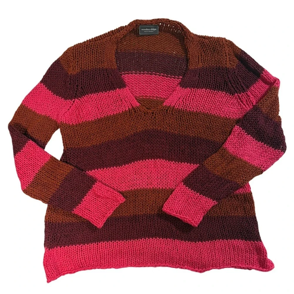 Wooden Ships Paola Buendia Striped V-Neck Knit Sweater Pink Burgundy Rust S/M